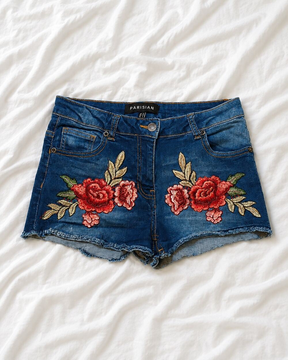 Parisian Women's US 6 Denim Shorts Floral Embroidered Frayed Stretch